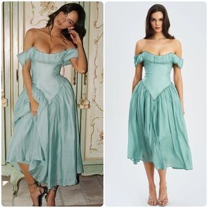 Teal Green Off Shoulder Corset Midi Dres